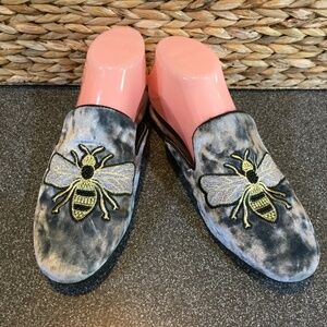 Steve Madden Blue-Gray and Gold Bee Embroidered Loafers